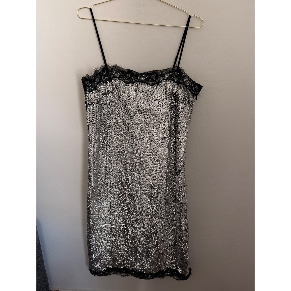 Lilly Sisto x Gianni Bini Silver Sequin Lace Trim Mini Slip Dress Size 12 NWT